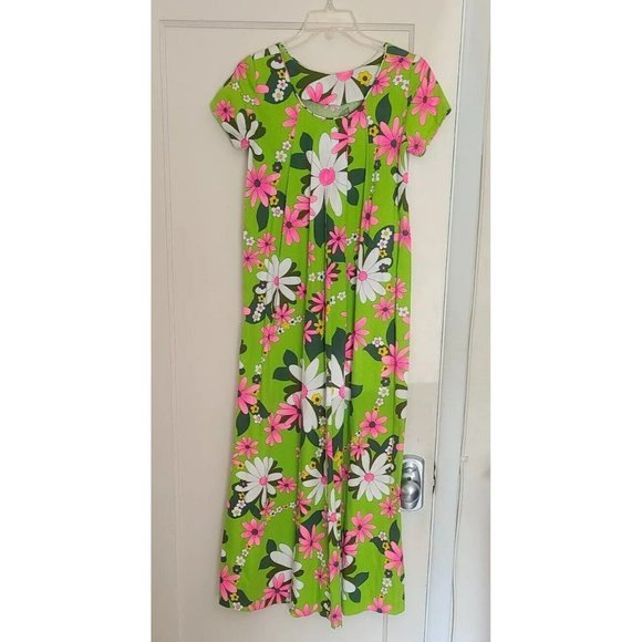 Vtg 70s The Sample Shop Hawaiian Barkcloth Maxi Dress Vibrant Green Pink Retro - Picture 5 of 6